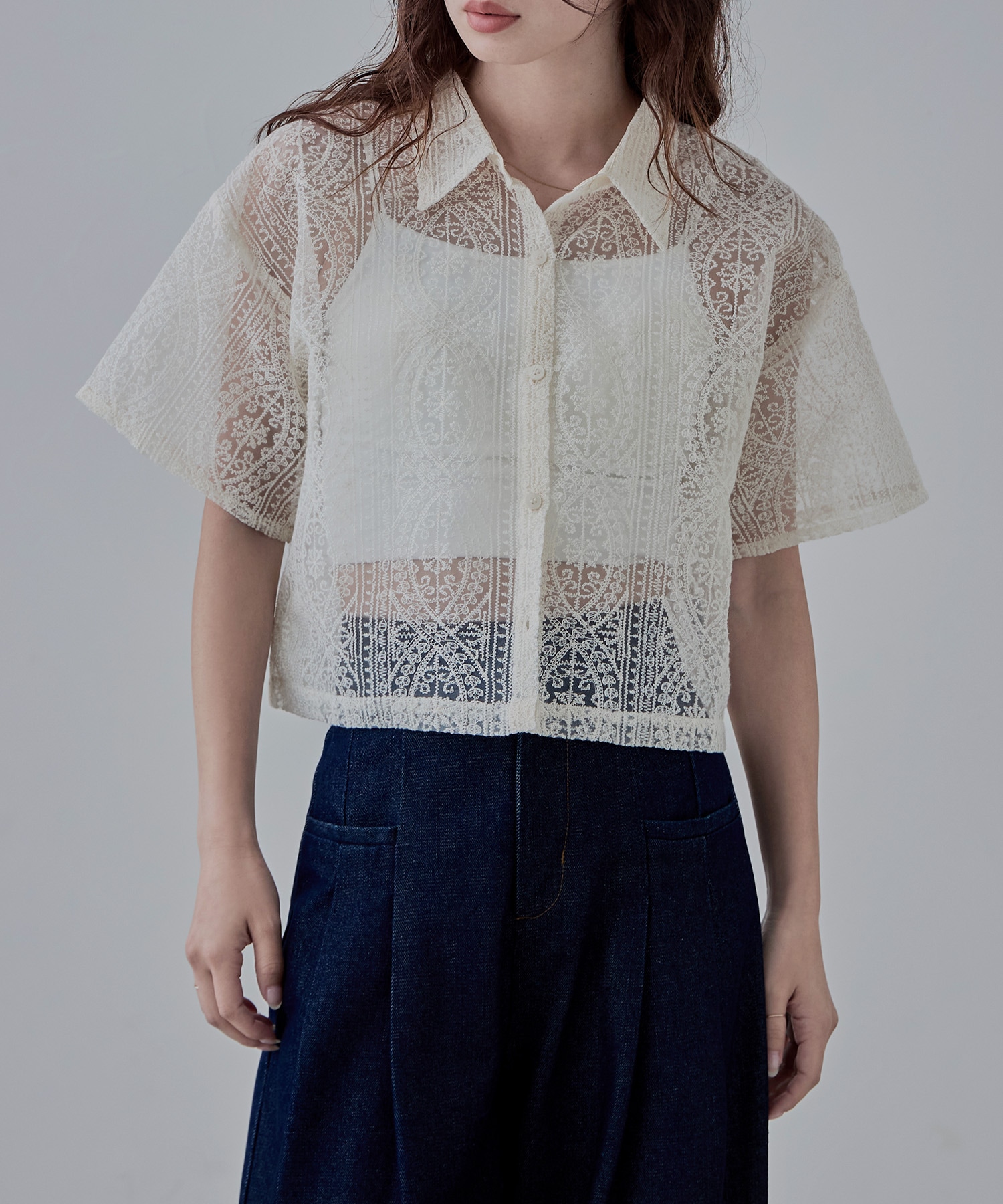 刺繍レースショートシャツ トップス シャツ ブラウス 半袖 五分袖 刺繍 レース シアー 幾何学柄 レギュラーカラー クロップド ショート シアーシャツ セットアップ 短丈 ボリュームスリーブ