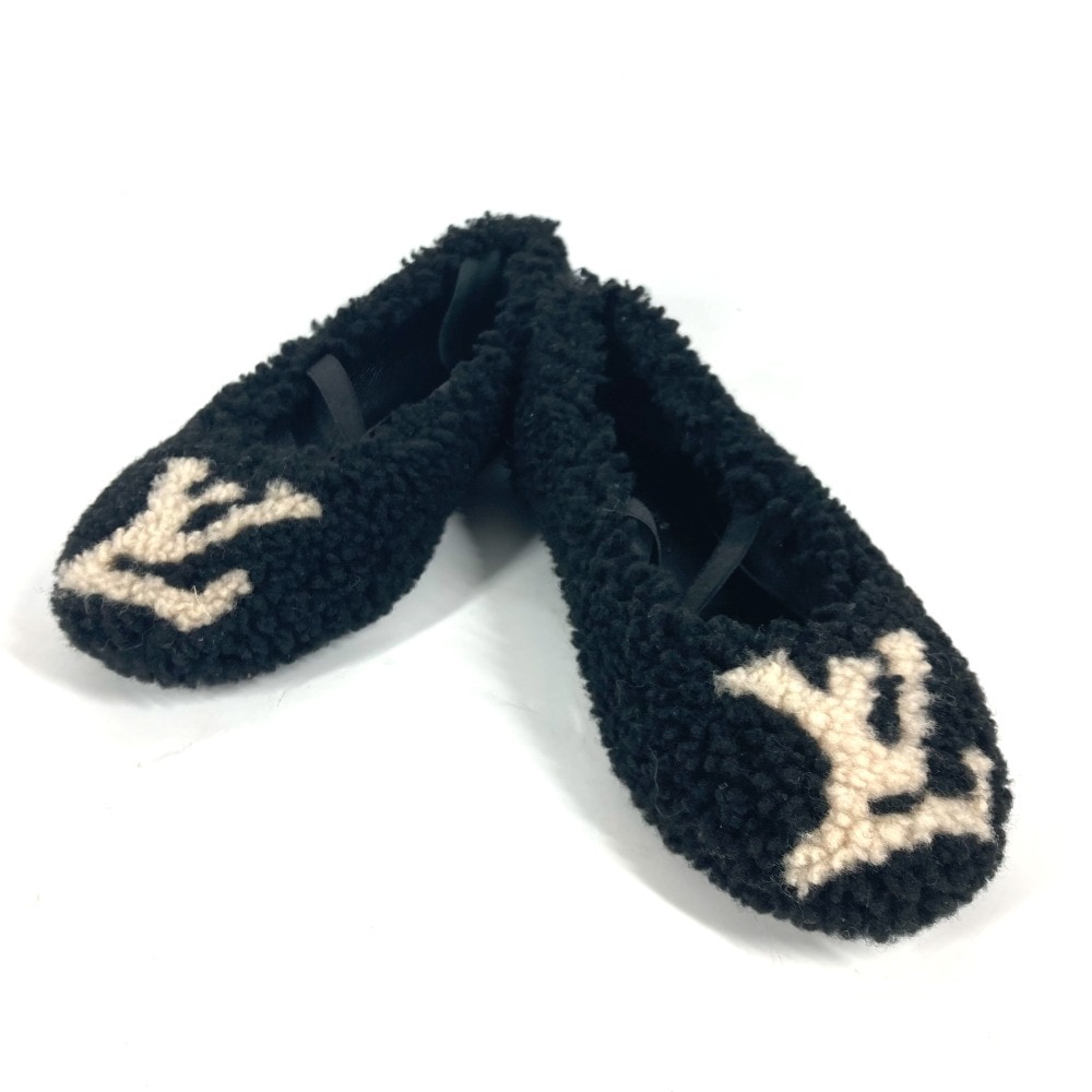 パンプス ファー LVロゴ フラットシューズ 靴 ペタンコ ファー ブラック