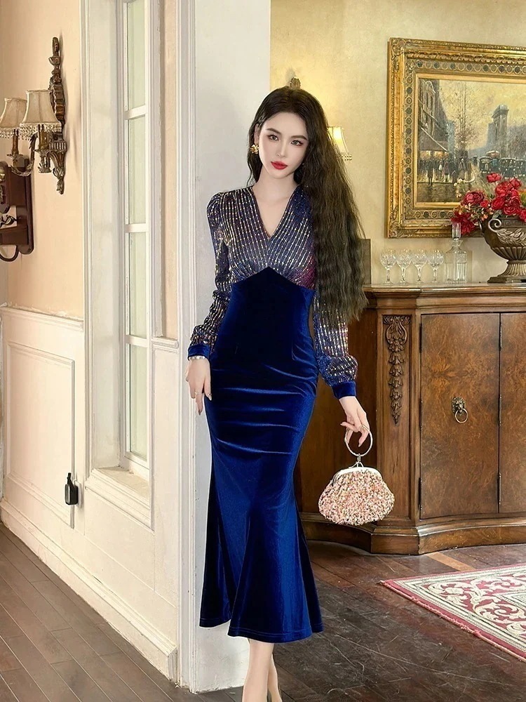 【送料無料】ドレススーパーフェアリー長袖Vネックパーティードレスフィッシュテールスカート気質パーティードレス演奏会発表会クリスマスワンピースウェディングドレス花嫁ロングドレス成人式同窓会卒業式 5,389円