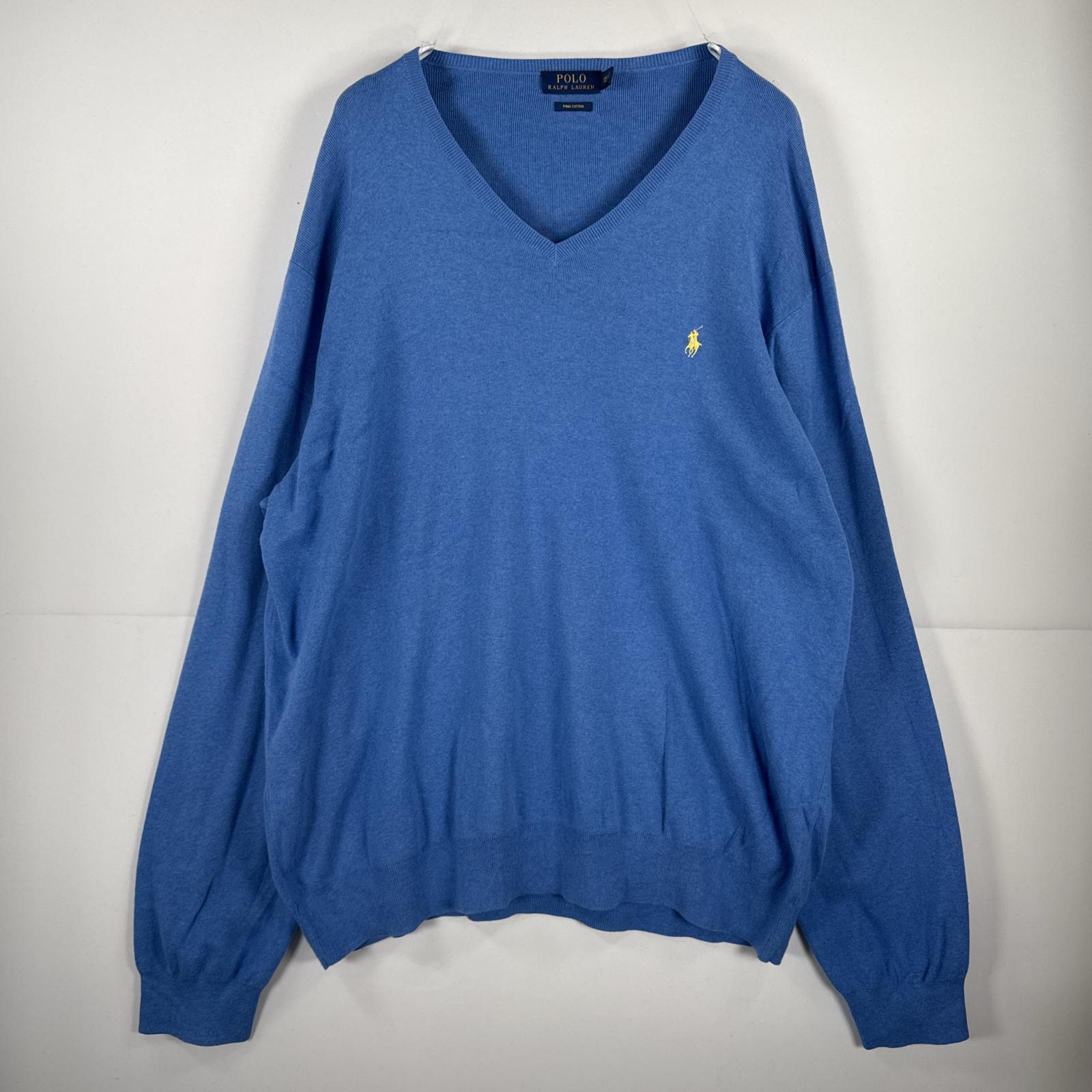 古着 長袖 ニット Ｖネック セーター 大きいサイズ ワンポイント 刺繍 3XLT 無地 メンズ