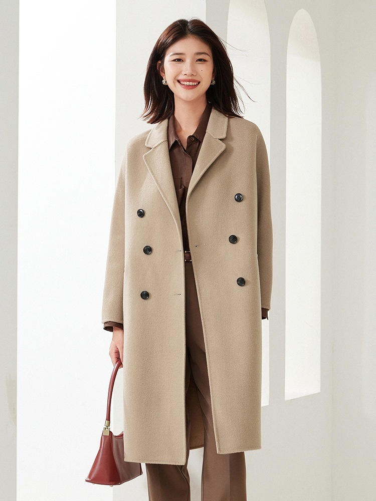 通勤雑誌風両面カシミアコート＋ロングストレートダブルブレスト気質ウール両面ツイードジャケット