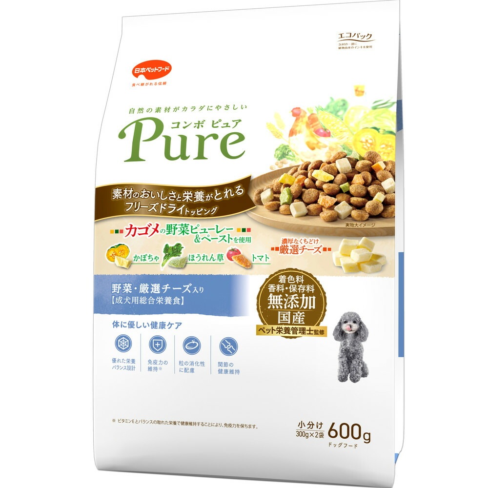 （まとめ買い）日本ペットフード コンボ ピュア ドッグ 野菜/厳選チーズ入り600g 犬用フード [x4]