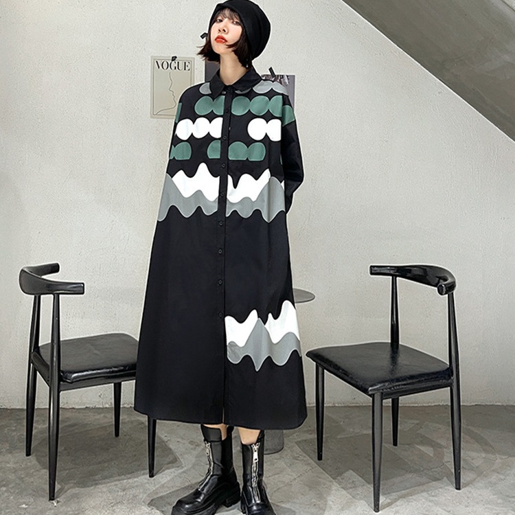 プリントロングシャツワンピ シャツワンピース レディース ロングワンピース 長袖 ロング丈 羽織 襟付き トップス プリント アシンメトリー 大人 春 冬 モード系 体型カバー 送 4,817円