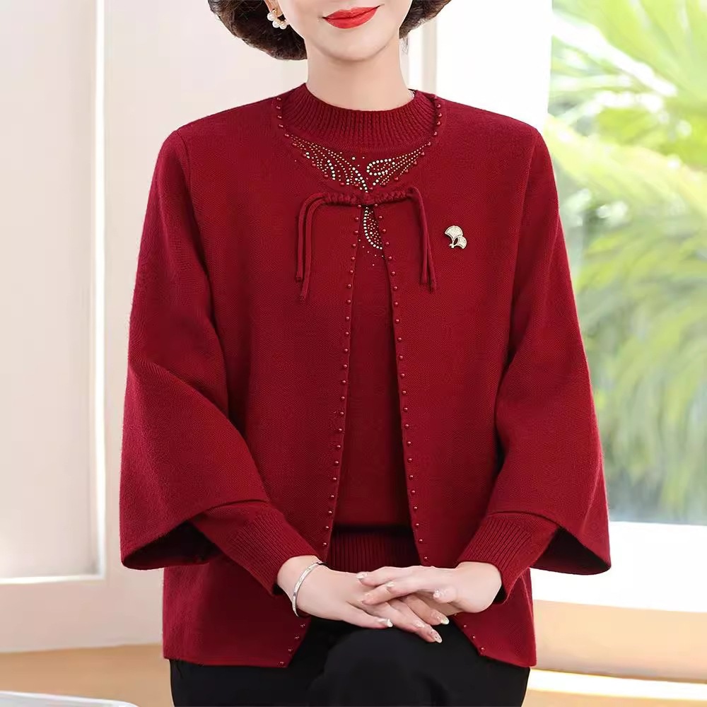 お母さんの秋物新中華風セーター2点セット中高年女性向けおしゃれなニットカーディガン義母の結婚式披露宴用ドレス