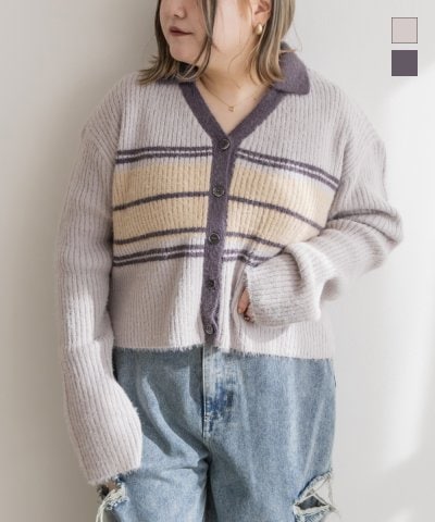 大きいサイズ レディース LL 3L 4L XL XXL XXXL マルチボーダー衿付きフェザーニット