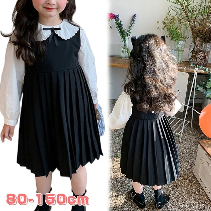 【新品プロモ-ション】【期間限定.値.下.げ!】子供服 ワンピース 女子 可愛い 韓国 ワンピースドレス キッズ セットアップ 長袖 シャッツ 白襟 黒 ブラック ノースリーブ プリーツ 女児 入学式