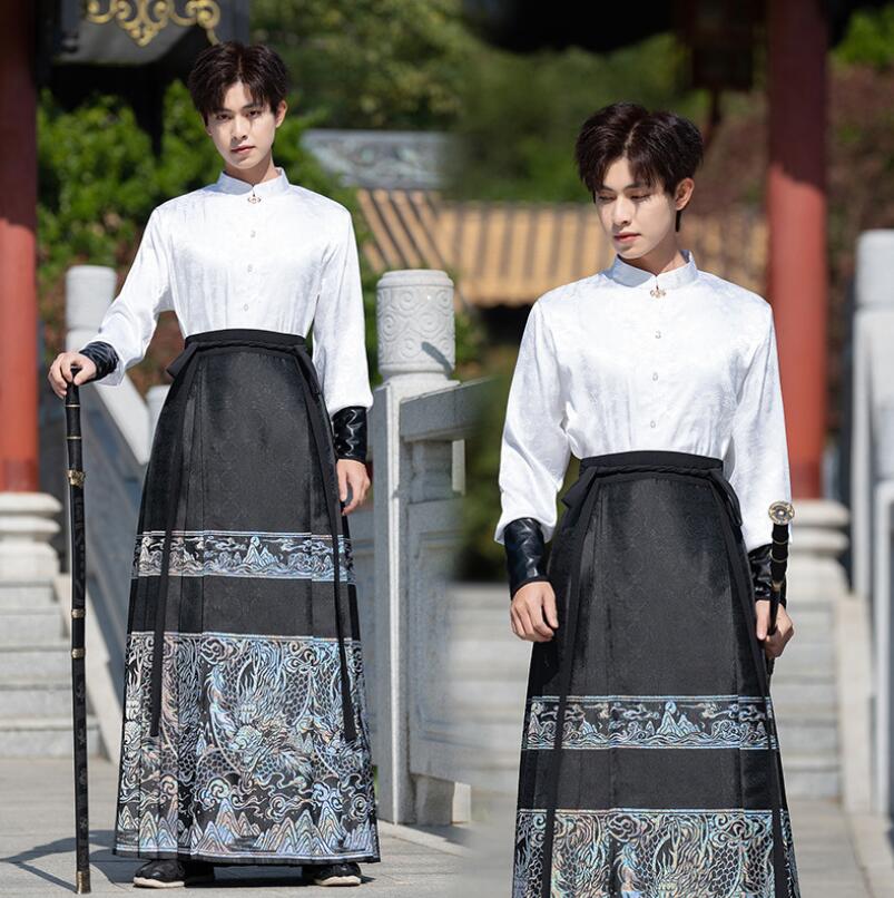 【2025新作入荷】チャイナ服2点セット男性用ハロウィン漢服3点セット メンズコスプレ衣装ダンス衣装セットアップ馬顔スカート古典ダンスウェア中華コスプレ衣装トップスとスカート学園祭 文化祭コスプレ衣裳