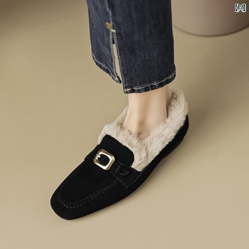 ローファー レディース 歩きやすい 通勤 通学 レトロ 裏起毛 豆 靴 女性 冬 暖かい フラット 深口 毛皮 靴 ヌバックレザー メタル バックル 7,869円