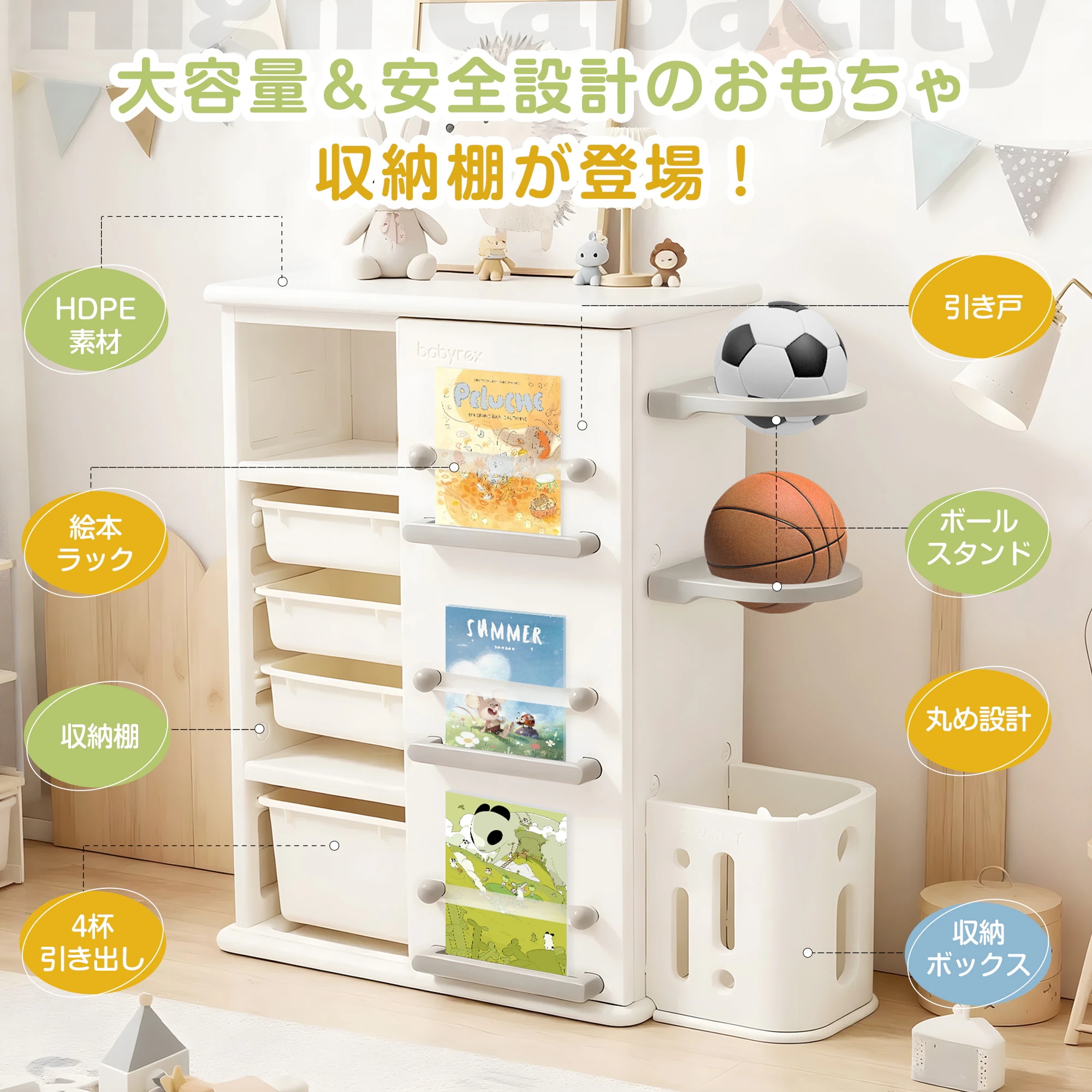 【当日発送/無料配達】【引き戸・大容量】収納キャビネット 子ども収納 おもちゃ箱 絵本棚 本立て HDPE素材 安全 スリム 多機能 ランドセルラック ボール収納 ホワイト