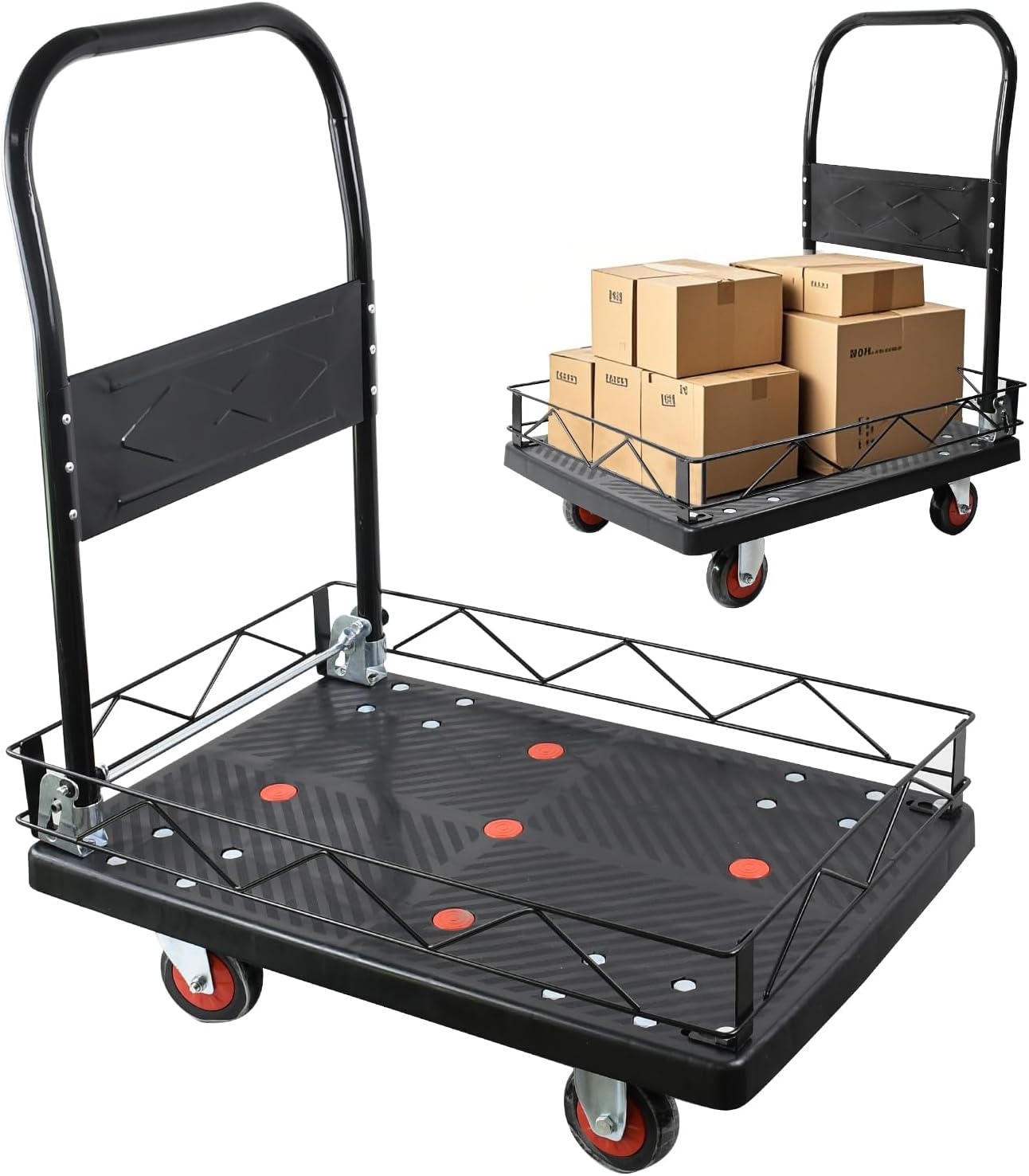 台車 樹脂台車 バスケット台車 大型台車 積載荷重150kg 4輪 キャリーカート 折りたたみ カゴ台車 静音台車 簡単取り付け 家庭用 運搬・作業・防災・避難用品 運びに便利 ブラック