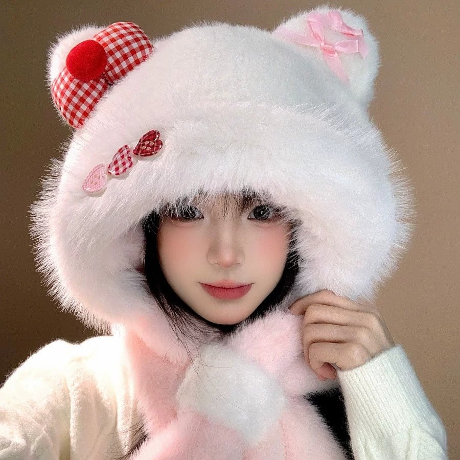 10個セット かわいいリボンのモコモコ帽子秋冬の甘さプラス厚手保温防寒耳カバー