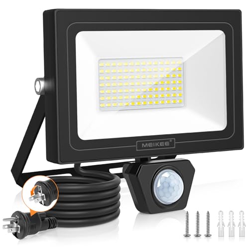 MEIKEE 最新型 LEDセンサーライト 屋外 屋内兼用 人感センサーライト LED投光器 80W 7200LM コンセント式 AC100V 極薄型 6500K 白色 高輝度 フラッドライト LED
