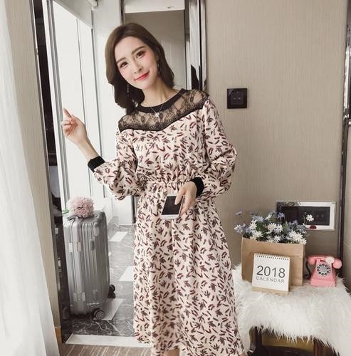 1248．小花柄シフォンロングワンピース（カーキ）