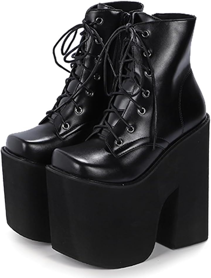 レディース ショート ブーツ 厚底 17cm 太ヒール サイドジップ レースアップ 編み上げ 美脚 コスプレ カジュアル ゴシック(ブラック, 24.0 cm)