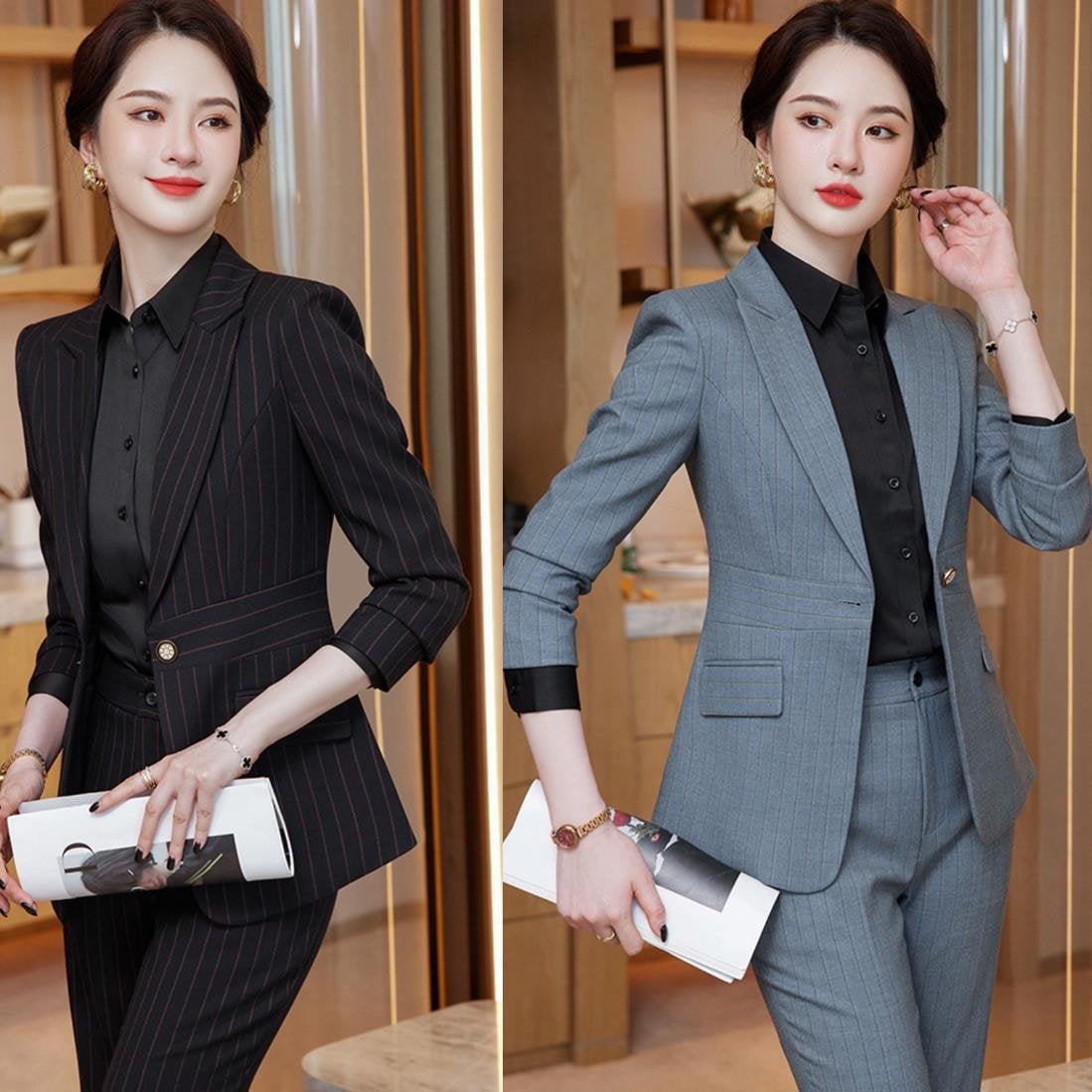 【2枚購入で100円OFF】春秋物　ビジネススーツ　コート　ズボンスーツ　レディース　通勤　オフィス　トップス　制服　事務服　洗える　細身　就活　面接　大きいサイズ　　長袖　 ストライプ　縞　ポケット