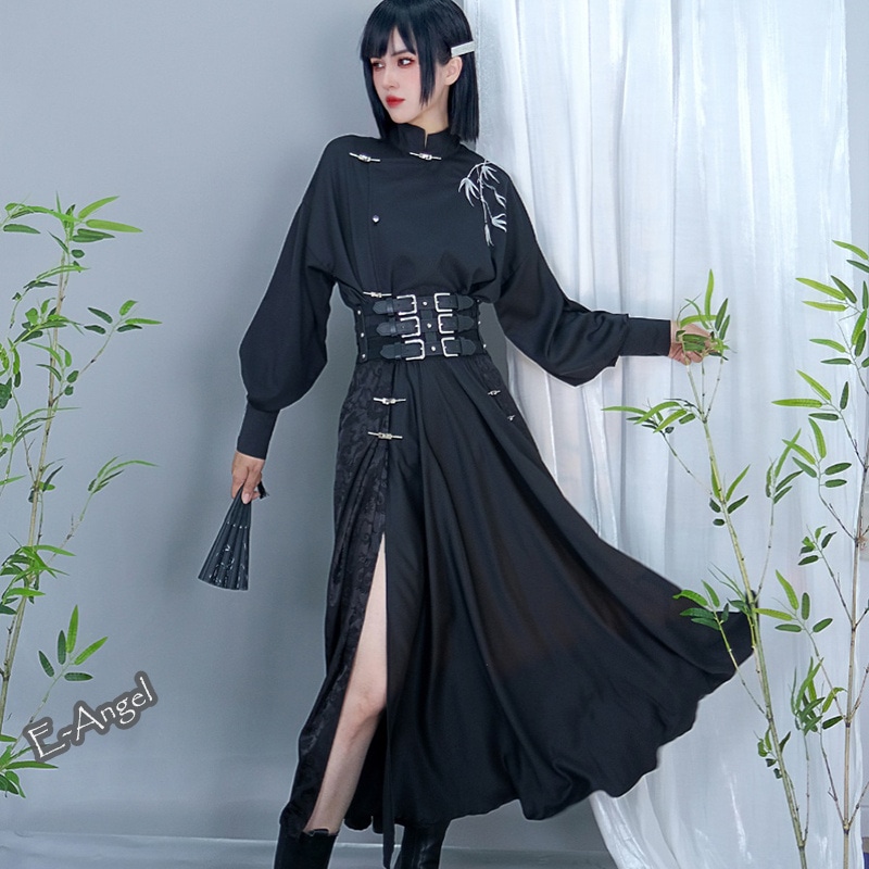 チャイナ風スカート ロング 黒 龍紋 スリットスカート 切り替え ベルト付きスカート 暗黒風 セクシー 金属一字ボタン