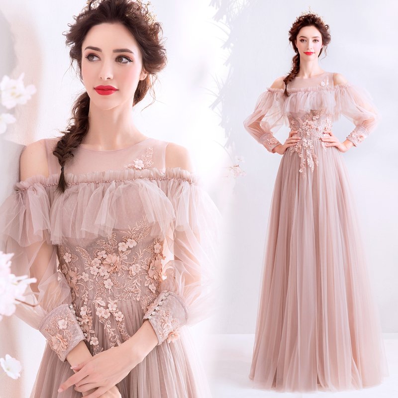 ロングドレス 演奏会 大人 発表会 パーティードレス 結婚式 ドレス 袖あり ウェディングドレス パ