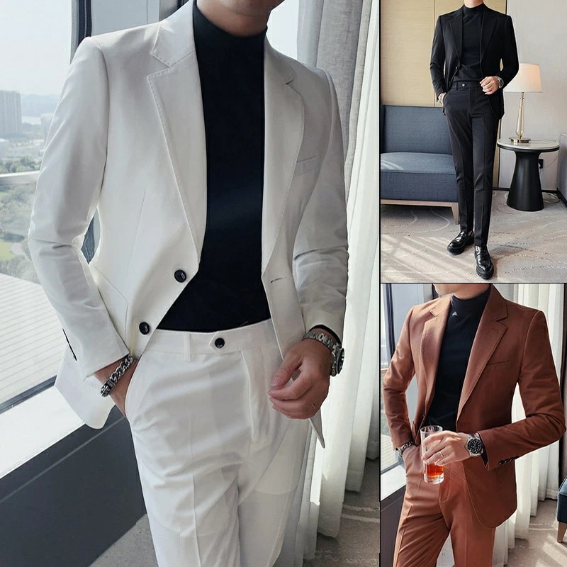 ビジネススーツ 2点セット ジャケット+パンツ 2つボタン 無地 シンプル おしゃれ 結婚式スーツ 2ピーススーツ 出勤 出張 パーティ 二次会 忘年会 披露宴 メンズ スリムスーツ セットアップ 紳