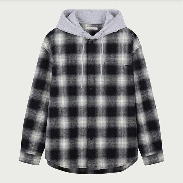 男性コットンオーバーフィットワンポケットフードチェックシャツ10560-020-201-25A-SH