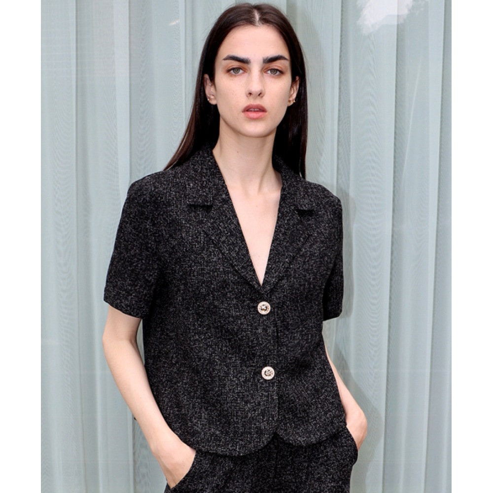 DAMAGE MNEMONICファンシーツイードメランジブラック半袖ジャケット_ Fancy Tweed Melange BK JK