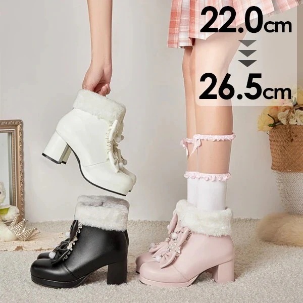 【急速出荷!】シューズ もふもふブーツ ショートブーツ レディース ボア付き ロリータ靴 可愛い 姫様 お嬢様 女の子 おしゃれ 日常 美脚 お茶会 小さいサイズ 大きいサイズ 6,889円