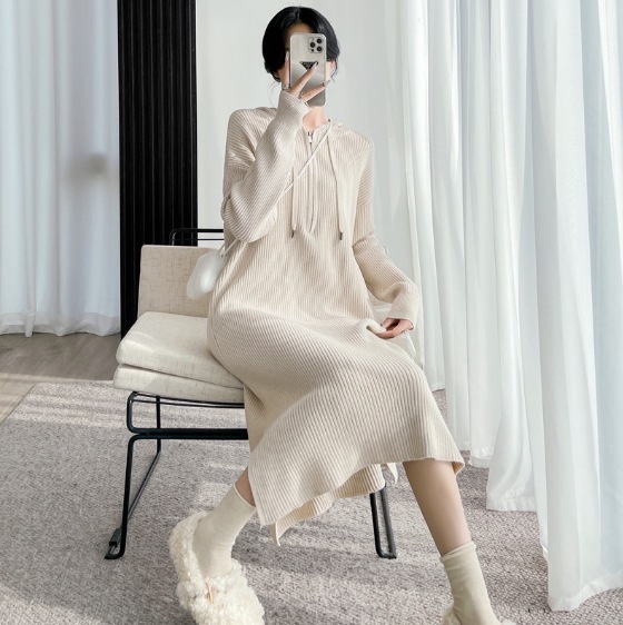 ワンピース 膝下 袖あり 長袖 デザイン 美ライン ニュアンス ファスナー リブ 伸縮性 フード付き カラバリ かわいい 大人可愛い きれいめ シンプル カジュアル 大人 上品 おしゃれ お洒落その他 ワンピース・ドレス