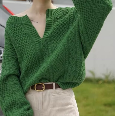 セーター プルオーバー 袖あり 長袖 ドロップショルダー 襟なし キーネック デザイン オーバーサイズ 美ライン ニュアンス ケーブルニット 編み込み 伸縮性 ニット カラバリ かわいい 大人可愛い
