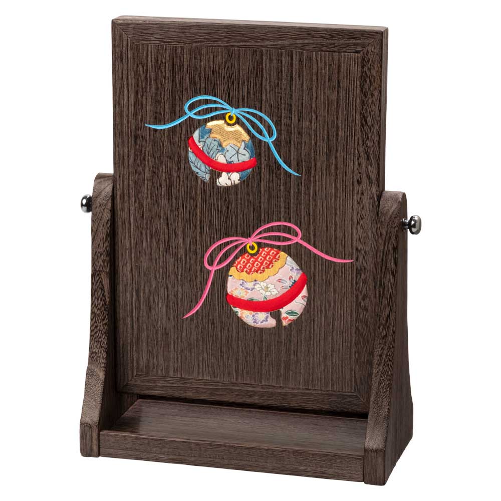 桐木目込み細工　卓上ミラー (005)　鈴　化粧鏡　縦　桐製・時代仕上　箱長の桐工芸品　日本製　東京浅草の木製品