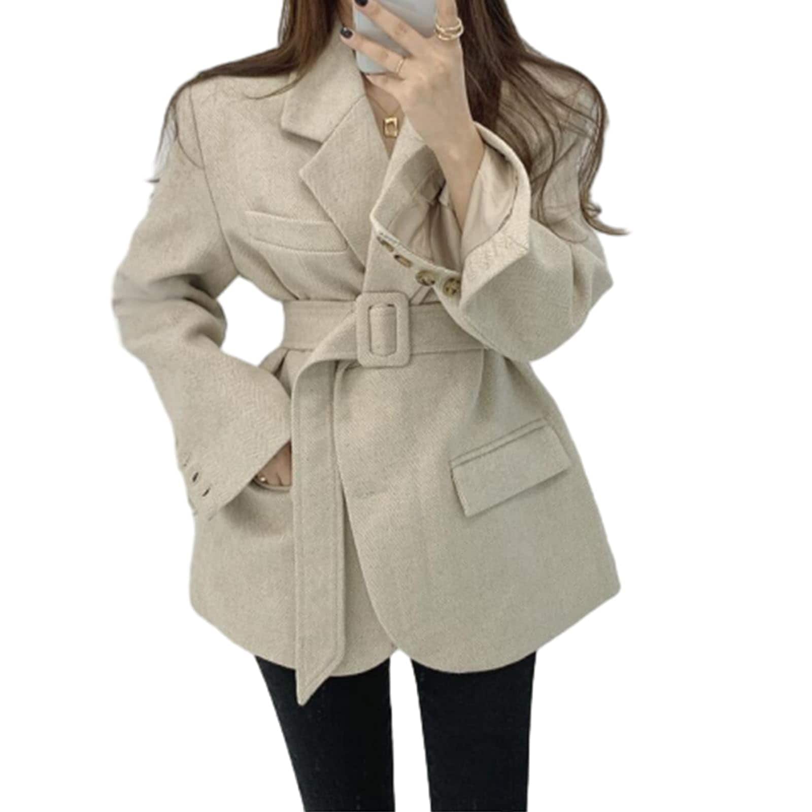 [POGCZMKK] コート レディース アウター チェスターコート長袖 折り襟 裏地あり ベルト付き トレンチコート ジャケット 防寒 防風 厚手 羽織り 暖かい オーバーサイズ ゆったり 無地 通