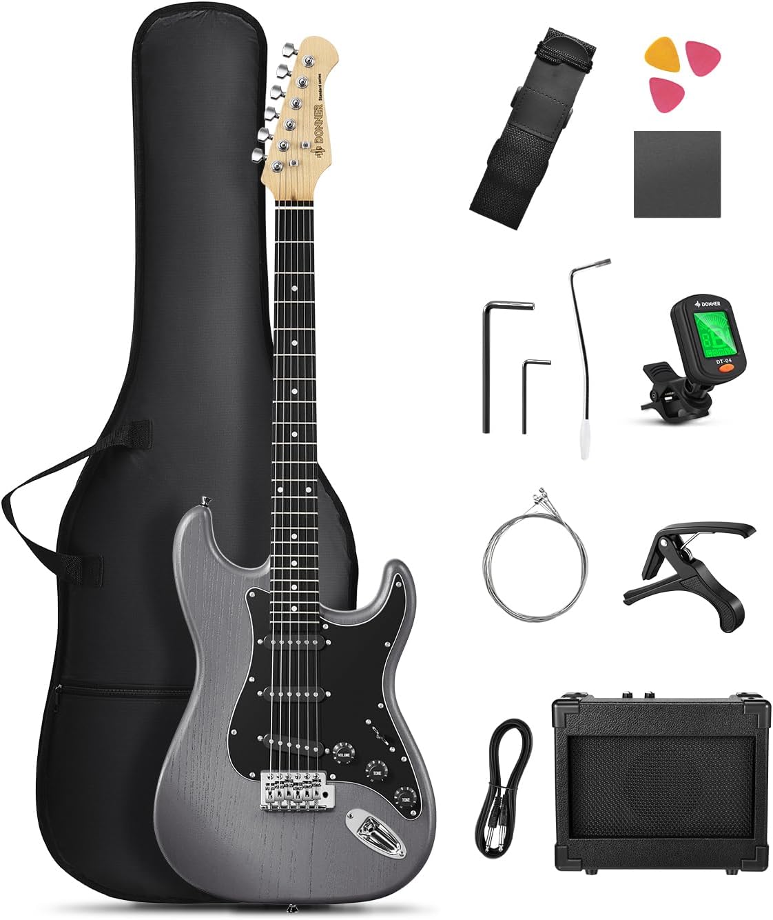 Donner エレキギター 初心者セット STタイプ SSSピックアップ 39インチ フルサイズ ミニアンプ付き 専用ケースとチューナーなどアクセサリー9点セット DST-80B マットブラック