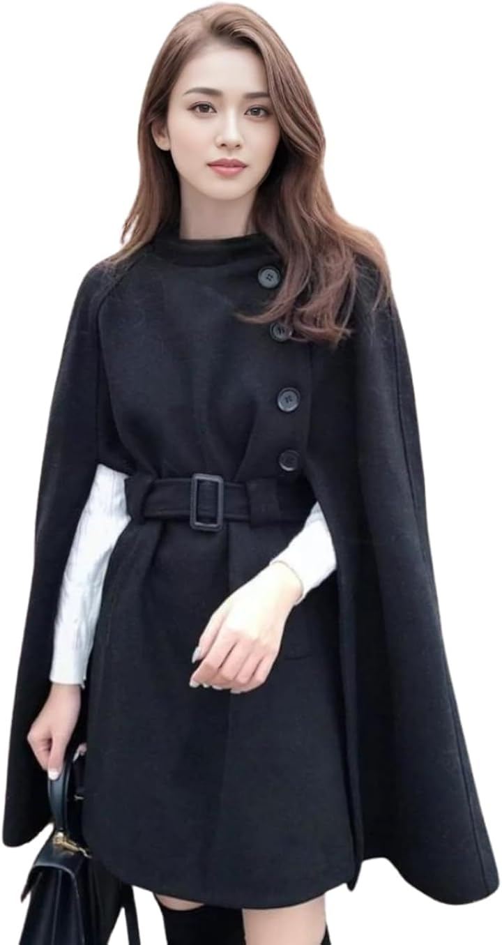 ジェイスコット ベルト付きケープコート Aライン マント風 アシンメトリーボタン ドレスコート 秋冬 通勤 デート 斜めボタン ウエストベルト ショート丈 (ブラック, L)