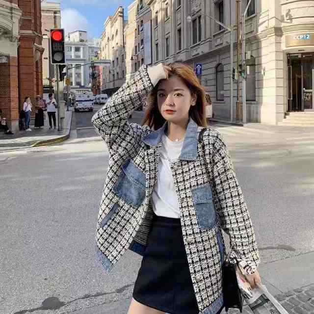 【短納期】 個性的 ツイードジャケット デニム デニムジャケット アウター ジャケット ドッキング 襟付き コーデ レディース 袖あり ミディアム丈