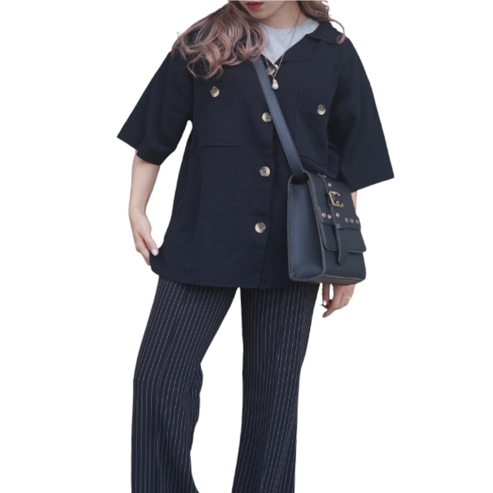Open-Collar Shirt Like Tops (black) A,D,G レディース