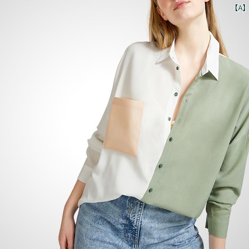 ブラウス レディース 春秋 長袖 コントラストカラーシャツ ポロ襟 複数ボタン カジュアルエレガンス シンプルモダン 婦人服 色合い スリム 5,477円
