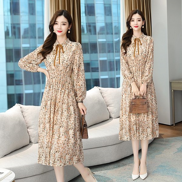 ワンピース レディース 新品 春秋 韓国風 着痩せ 通勤 花柄 長袖 きれいめ 上品 シフォンワンピ