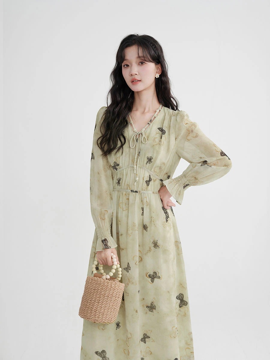 フレッシュ花柄ワンピースVネック長袖ファッションヴィンテージデザインドレス スーツ パーティードレス ウェディングドレス キャバドレス 結婚式 ドレス