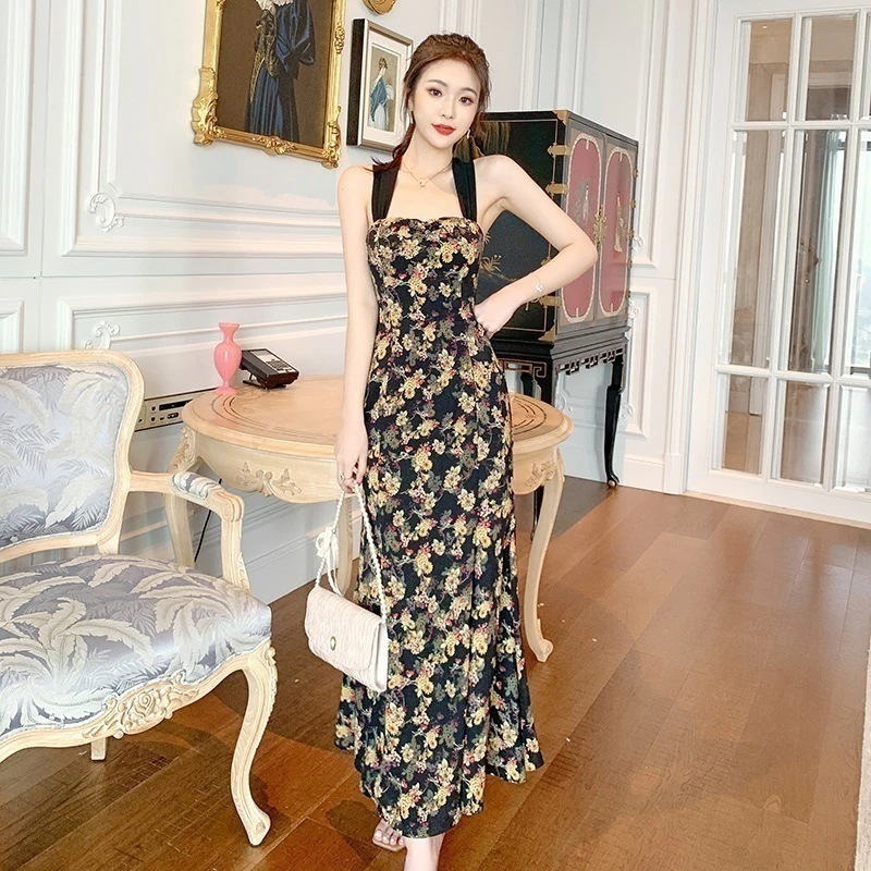 【JY.上品】 キャミワンピース レトロ スカート 夏 バックレス ネクタイ ロングスカート ブロークンフラワー サスペンダー フォーマル パーティードレス 結婚式 披露宴 卒業式 二次会 発表会