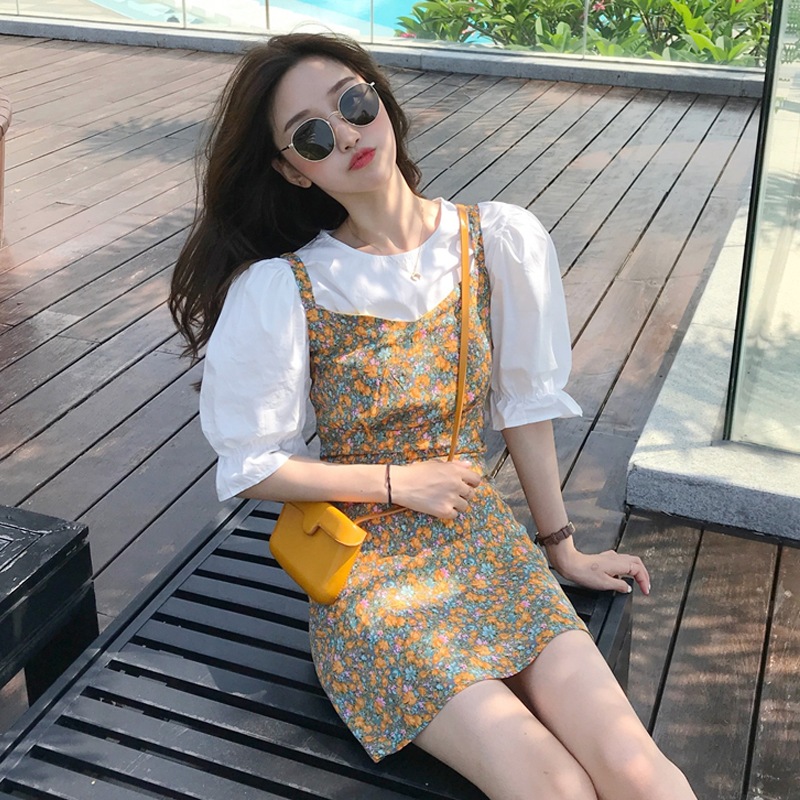 パフブラウス花柄 ワンピースピース セット パフスリーブ ジャンパースカート 新女性 ティーブレイク 4,987円