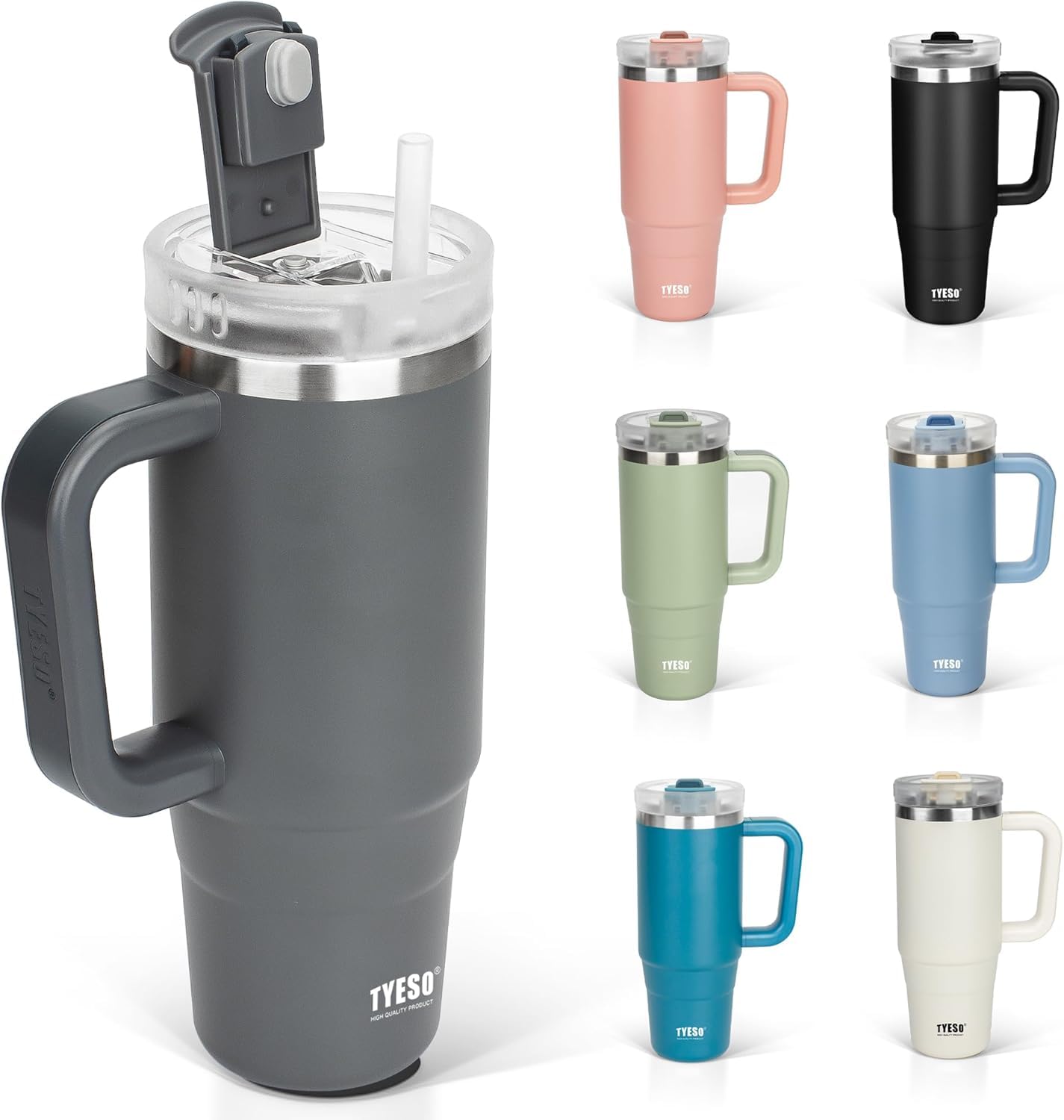 ΤYESO タンブラー 0.9L 水筒 保冷 ステンレスボトル ウォーターボトル ストロー 取っ手付き ジョッキ アウトドア 真空断熱 二重構造 広口 大容量 直飲 女の子 男の子 900ml グレー