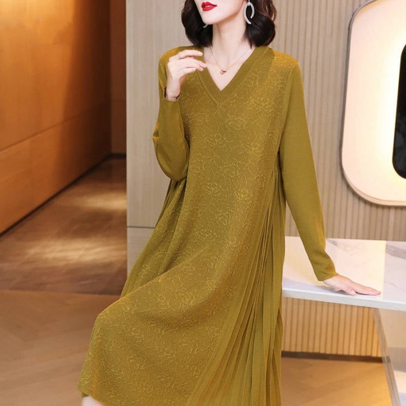 ワンピース ロング フリルワンピース 春秋 プリーツ 秋冬 Aラインワンピース カジュアル プリーツ Aライン 新品大人気 ロングワンピース ゆったり レディース 大人 Ｖネック プリーツワンピース