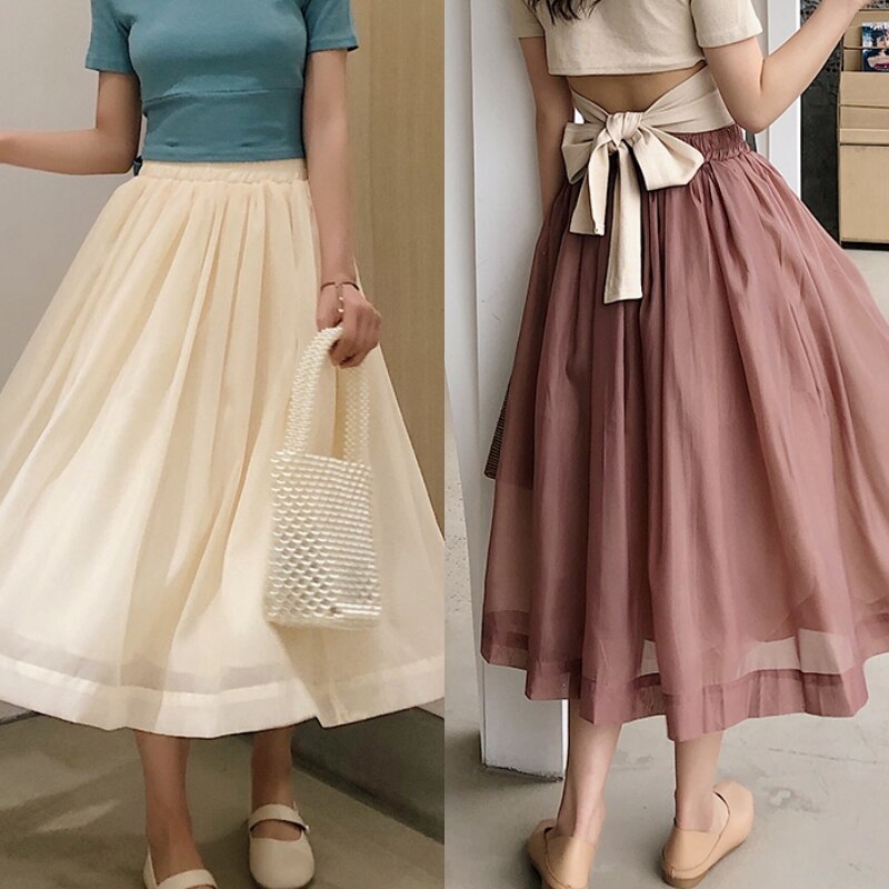 2色 スカート 春夏 かわいい レディース フレアスカート ミモレ丈 無地 ウエスト ゴム シフォン 透け感 赤 アプリコット かわいい 大人可愛い きれいめ シンプル 大人 上品 おしゃれ S M