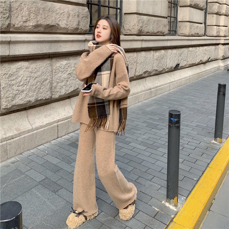 セットアップ レディース ニット セーター S M L XL 韓国 ワイドパンツ 袖あり ハイネック 上下セット 2点セット ツーピース かわいい 大人可愛い シンプル カジュアル 大人 おしゃれ