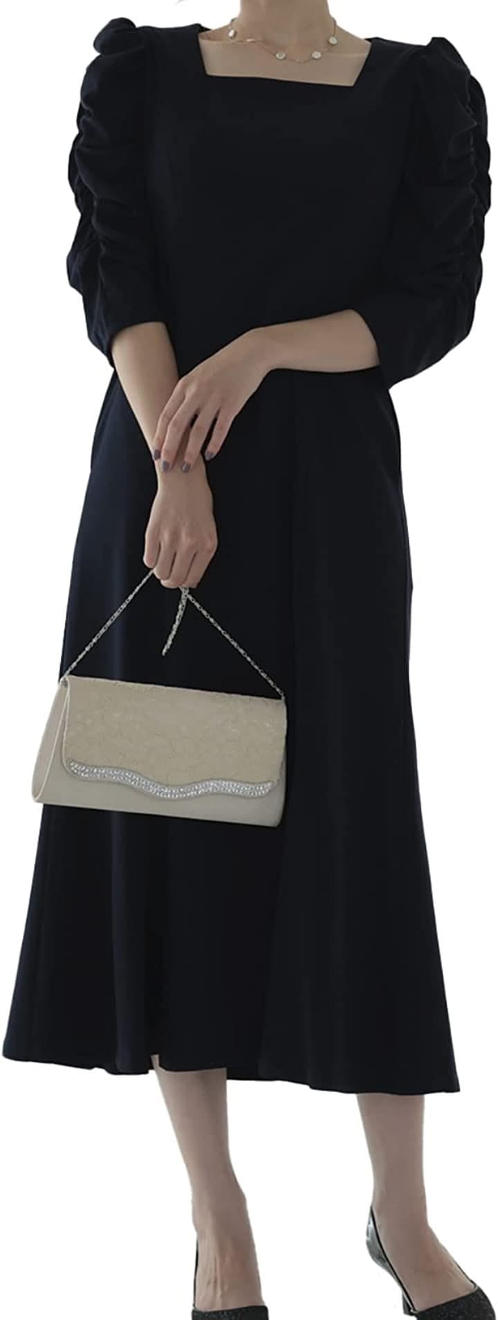 パーティ ワンピース ドレス レディース 結婚式およばれワンピース パーティードレス ファッション ギャザー デザイン 袖 大人可愛い 背中あき( ネイビー / 322182, S)