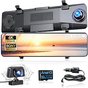 ドライブレコーダー ミラー型 【2024年新モデル・12インチ大画面】 4K画質 前後カメラ フルHD解像度 タッチパネル 専用SDカード（32GB付属）超広角 伸縮式カメラ 暗視機能 リアカメラ G