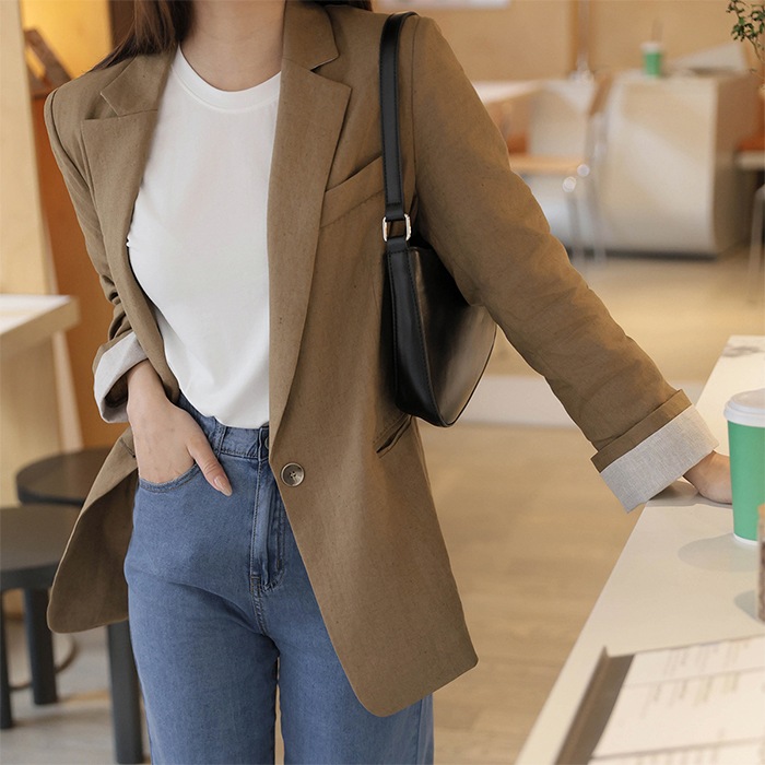 [韓国ファッション] カラーネック 配色 ロールアップ 夏 リネン ジャケット