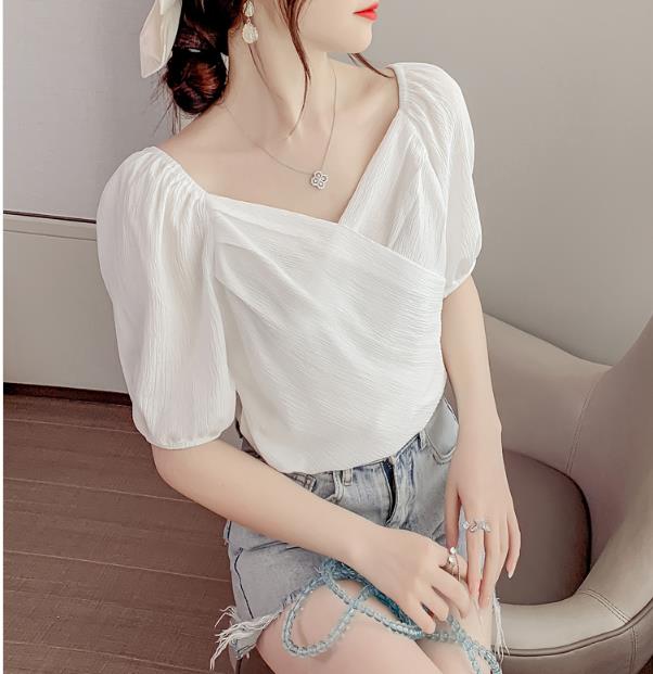 夏の新しいフレンチバブルスリーブデザインv-ネックシャツ半袖半袖