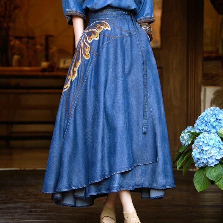 秋新着 レディーススカート デニムスカート ラップスカート 刺繍 レトロ フレアスカート ロングスカート ロング丈 大人かわいい 30代 40代 50代 ブルー M-XL