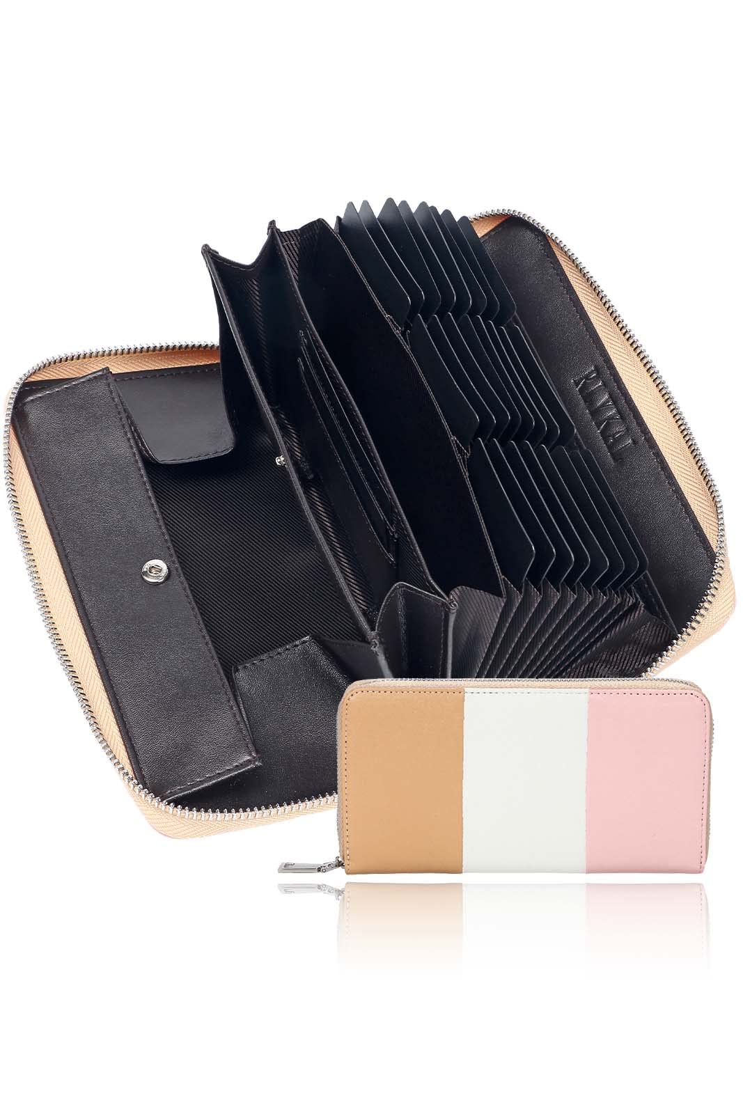 [RLYKAL] 財布 レディース 長財布 ギャルソン 大容量 カードがたくさん入る 26枚 コインスルー 多機能 （ピンク × ベージュ WR20, ギャルソン型）