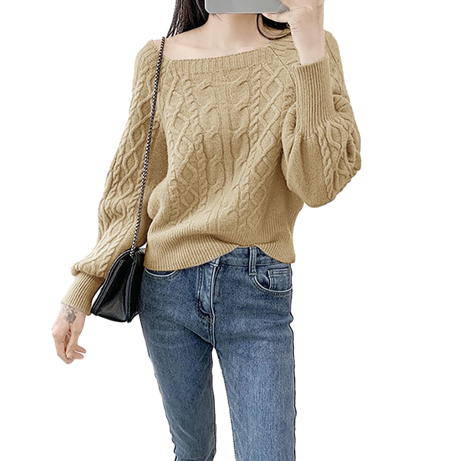 セーター ニット レディース 長袖 ショート丈 秋 冬 無地 スクエアネック カットソー ランタンスリーブ リブ アジュール シンプル 可愛い おしゃれ きれめ 保温 バットウィングスタイル ウール