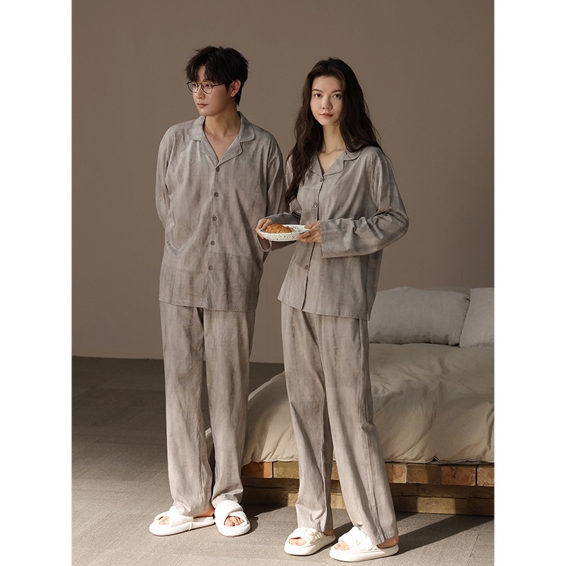2024年新作カップルパジャマ春秋純綿メンズ＆レディース長袖襟付きカジュアルゆったりコットンホームウェアセット
